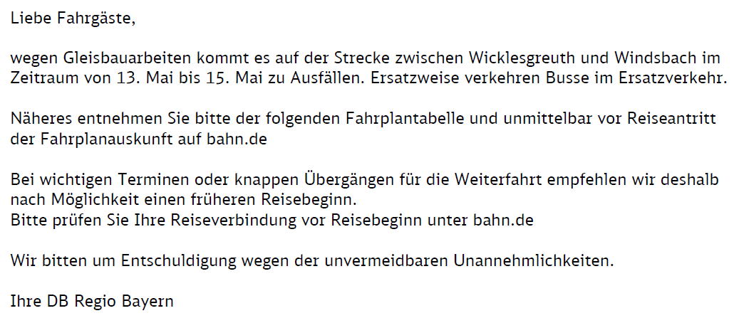  Fahrplanänderungen: Wicklesgreuth - Windsbach, 13.05. - 15.05.24, KBS 922 
