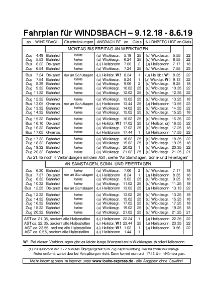  Fahrplan für WINDSBACH – 9.12.18 - 8.6.19 